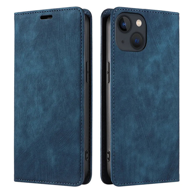 Magnetic flip leather phone case for iPhone in various solid colours, showing front and closed views.