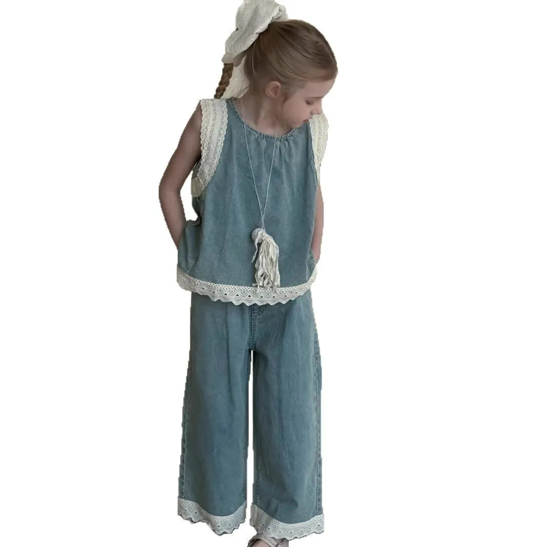 Light blue girls' lace trim denim cropped wide-leg pants and sleeveless vest two-piece set on child model