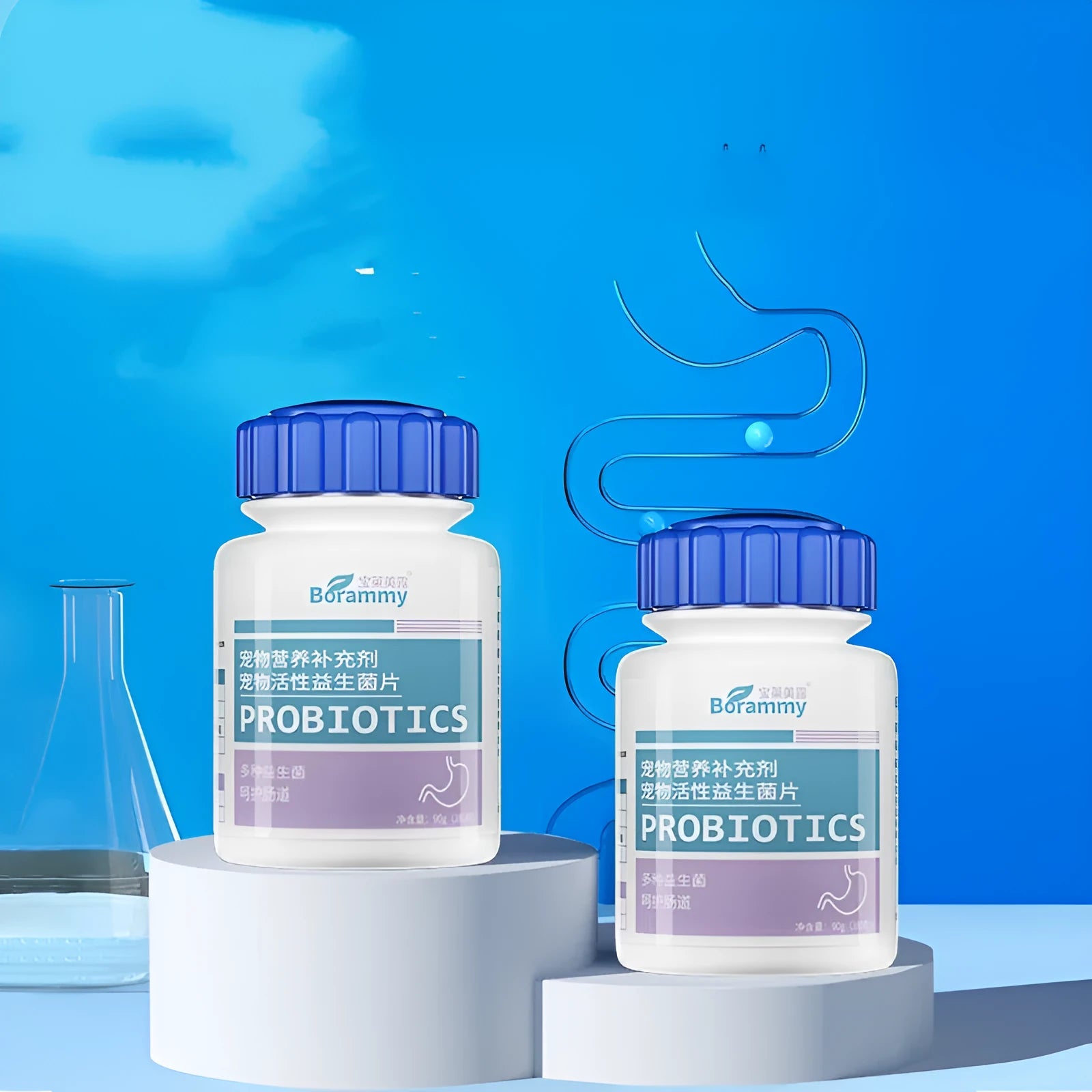 Bottle of 180 pet probiotic tablets for dogs and cats digestive support.