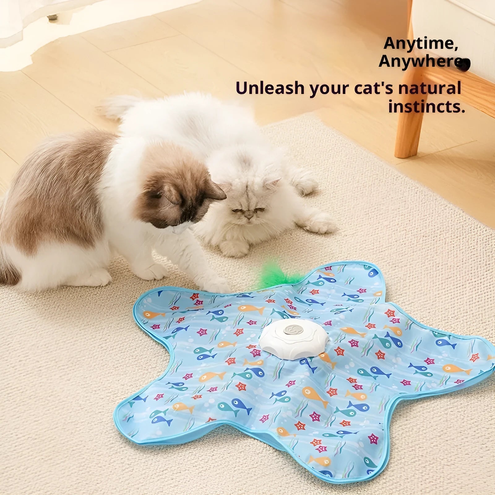 Electric cat toy in blue-fish design on light background, made from PP material