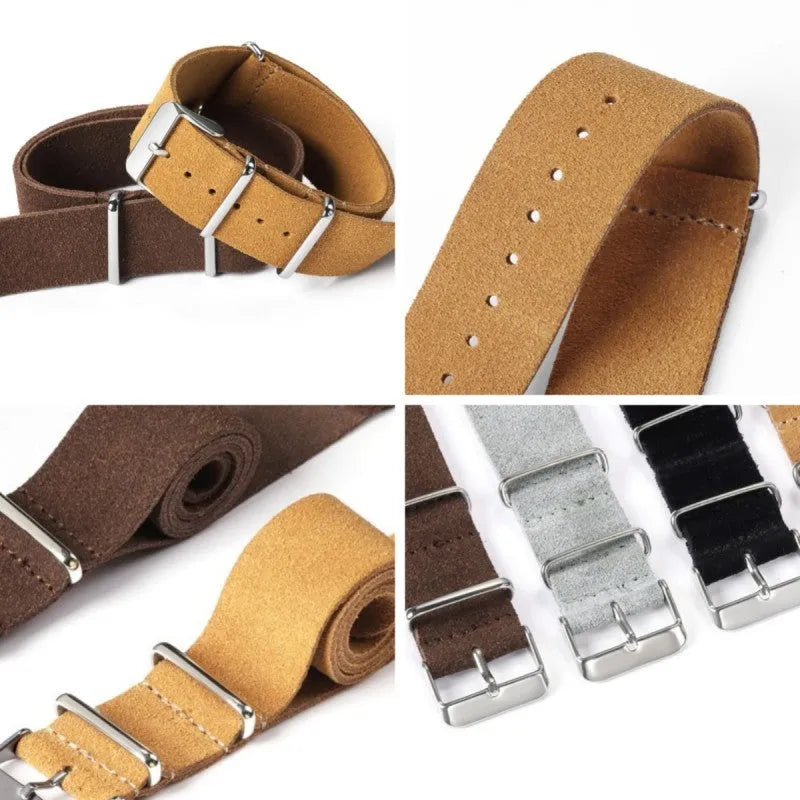Genuine leather velvet artistic style watch strap in black, 20mm width, with retro texture