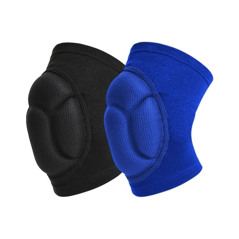 A pair of black thick sponge kneepads for dance and sports protection on a neutral background.
