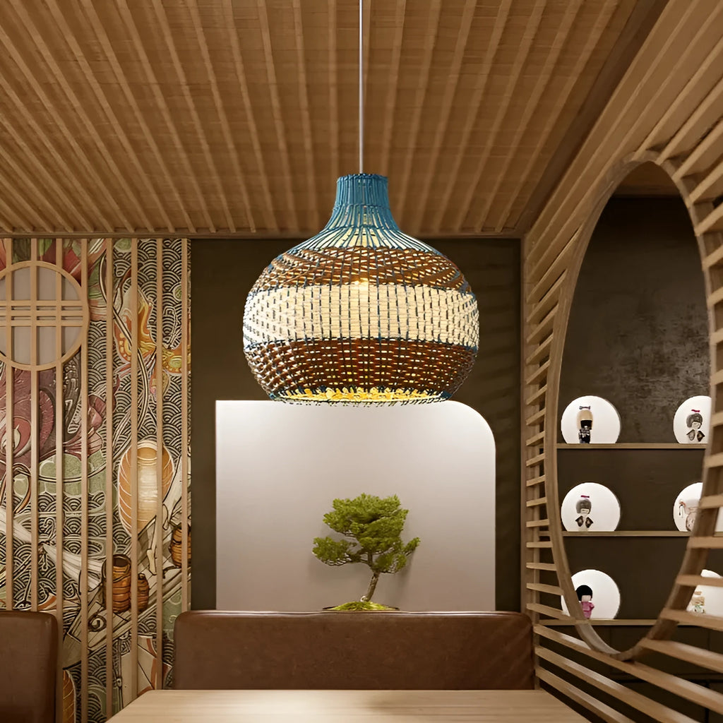 Vine woven pendant lamp in pastoral Southeast Asian tea room style with natural material weave.
