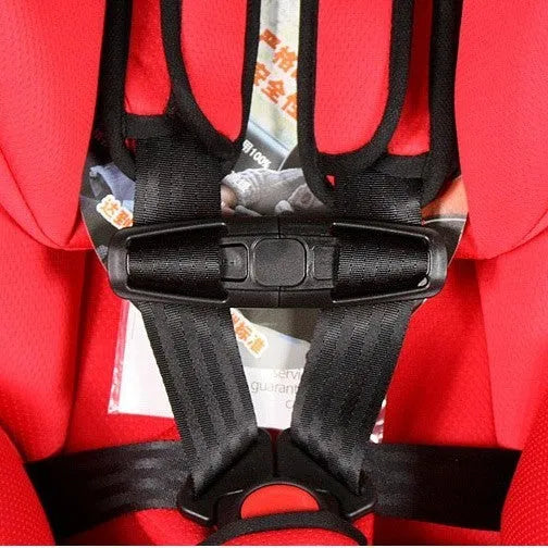 Black nylon child car seat harness buckle lock button measuring 14.5 by 4 centimetres.