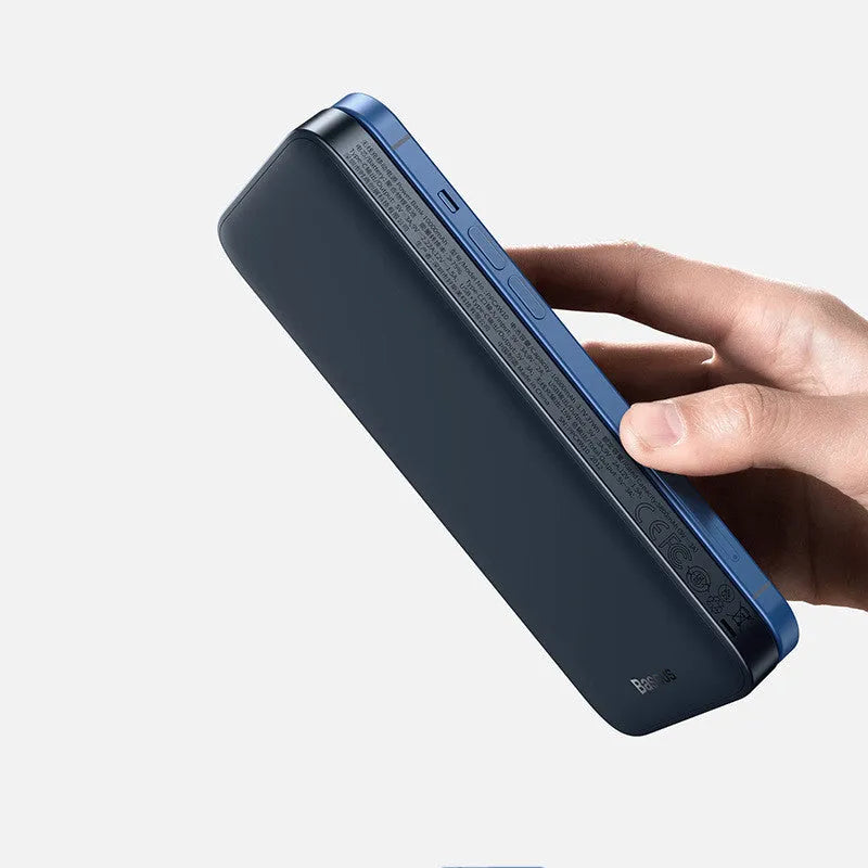 White or blue MagSafe magnetic wireless power bank with LCD display showing battery percentage