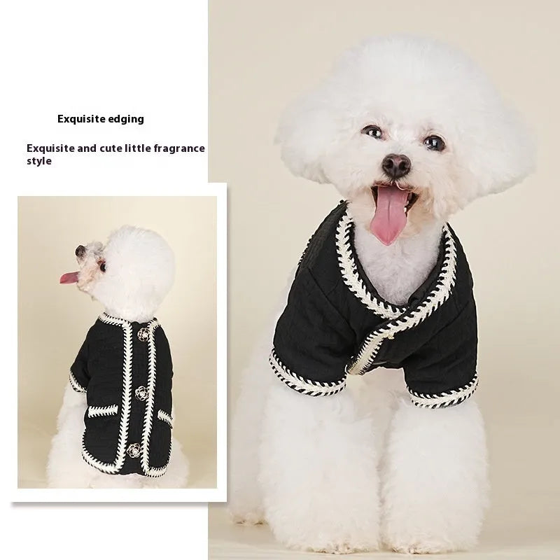 Cartoon print quilted dog coat in light purple colour for autumn and winter warmth