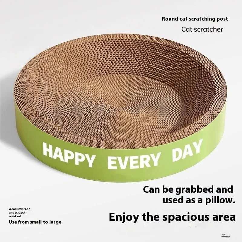 Green round cat scratching board nest, a combined scratching pad and bed measuring 50cm in diameter.