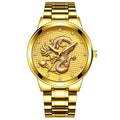 Men's quartz watch with embossed golden dragon and diamond-inlaid dial, alloy strap, 40mm dial.