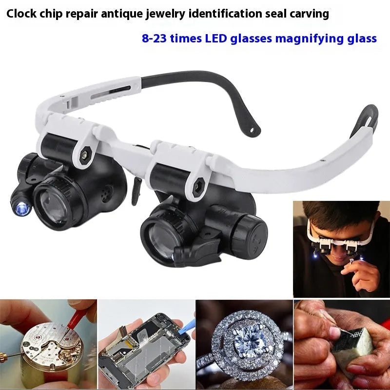 White head mounted magnifying glass with 30x optical glass lens, folded to 85mm for storage
