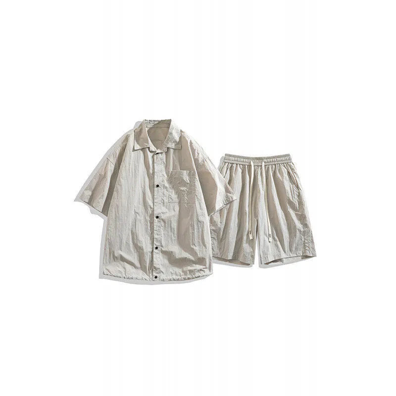 Men's loose-fitting hemp-blend casual shirt and shorts two-piece set in grey