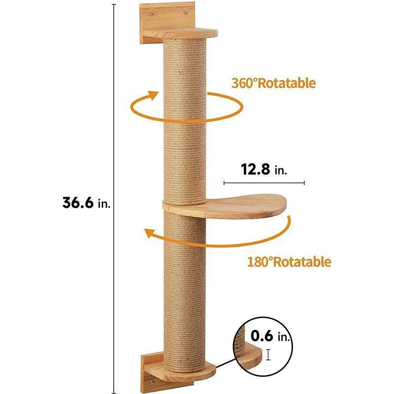 Wooden wall-mounted cat climbing frame with jumping platform and wrapped scratching posts