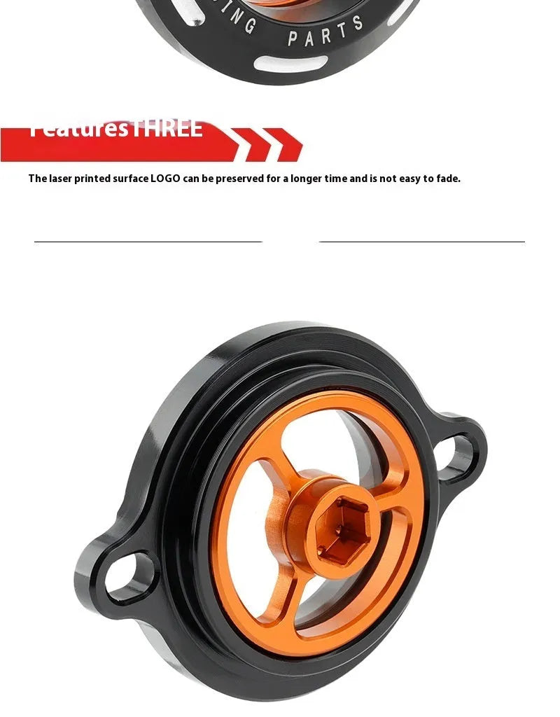 Aluminium alloy transparent oil filter cover for KTM DUKE motorcycles on a workbench