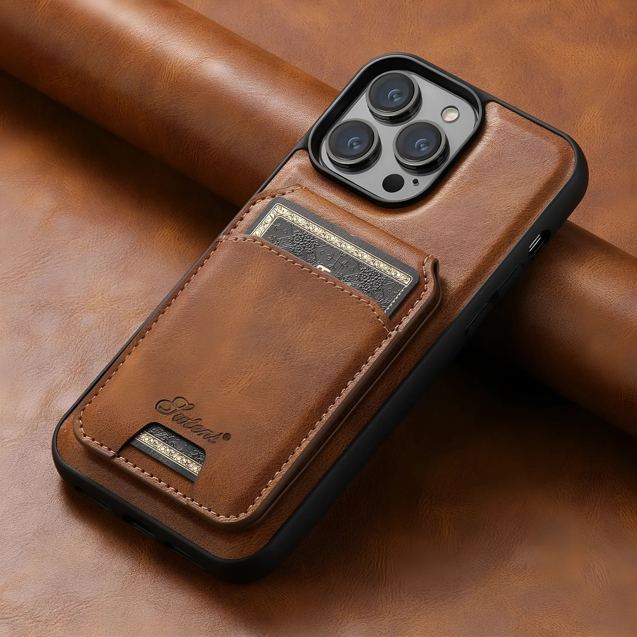 MagSafe-compatible silicone phone case with a magnetic card holder on the back in an oil wax pattern finish.