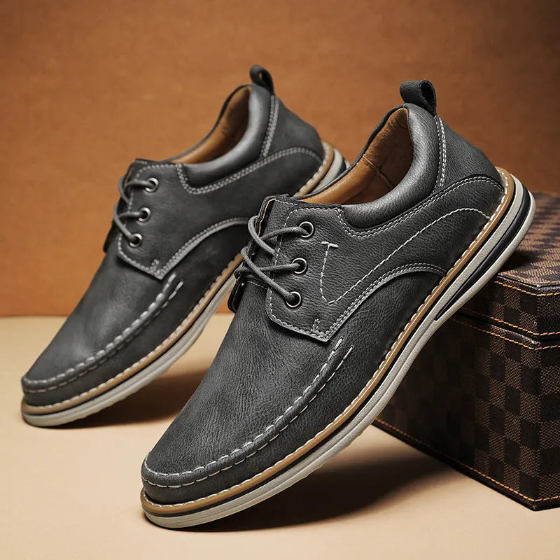 Men's genuine leather casual shoes with round toe and front lace-up in black, brown, or grey colour options