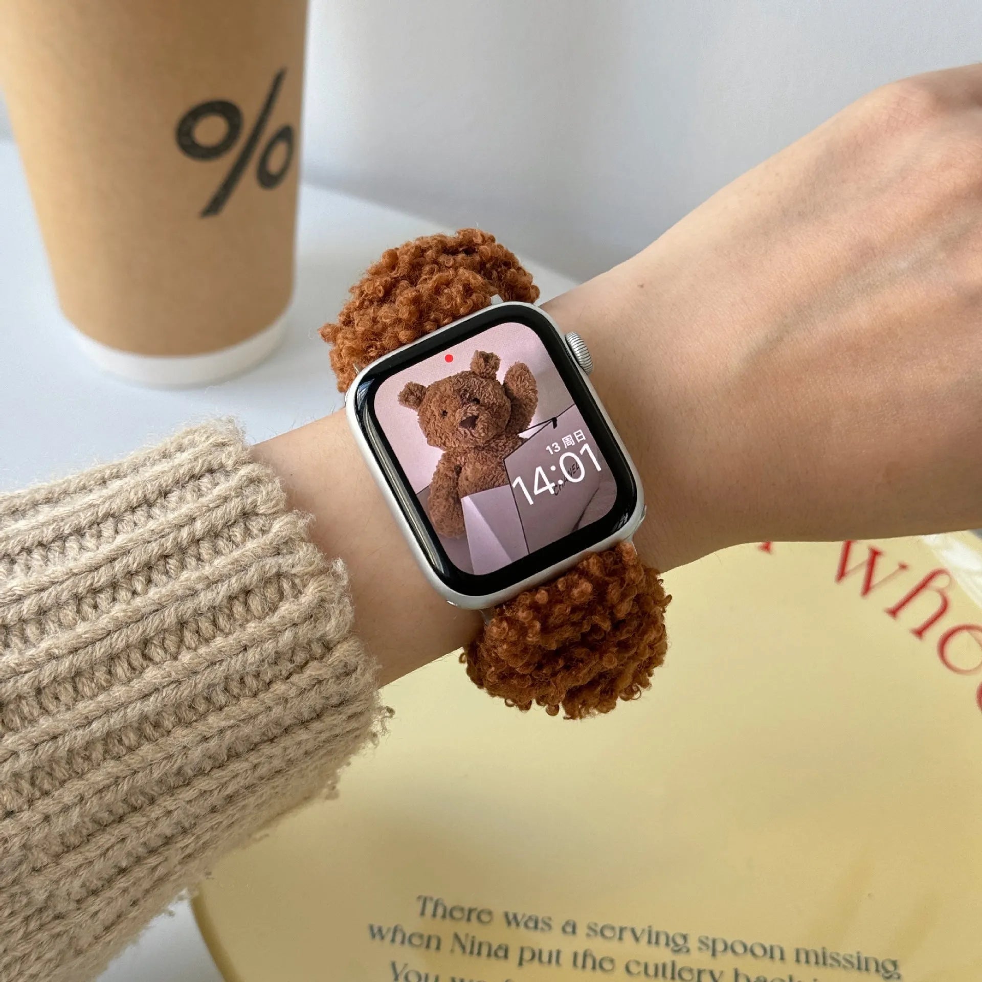 Teddy plush elastic hair ring watch strap for Apple Watch 38mm to 49mm in brown, rose pink, and white