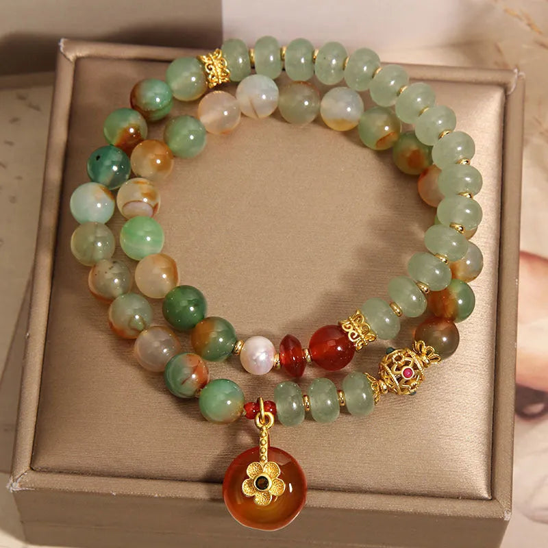 Peacock green agate double ring bracelet for women with alloy construction and safety buckle