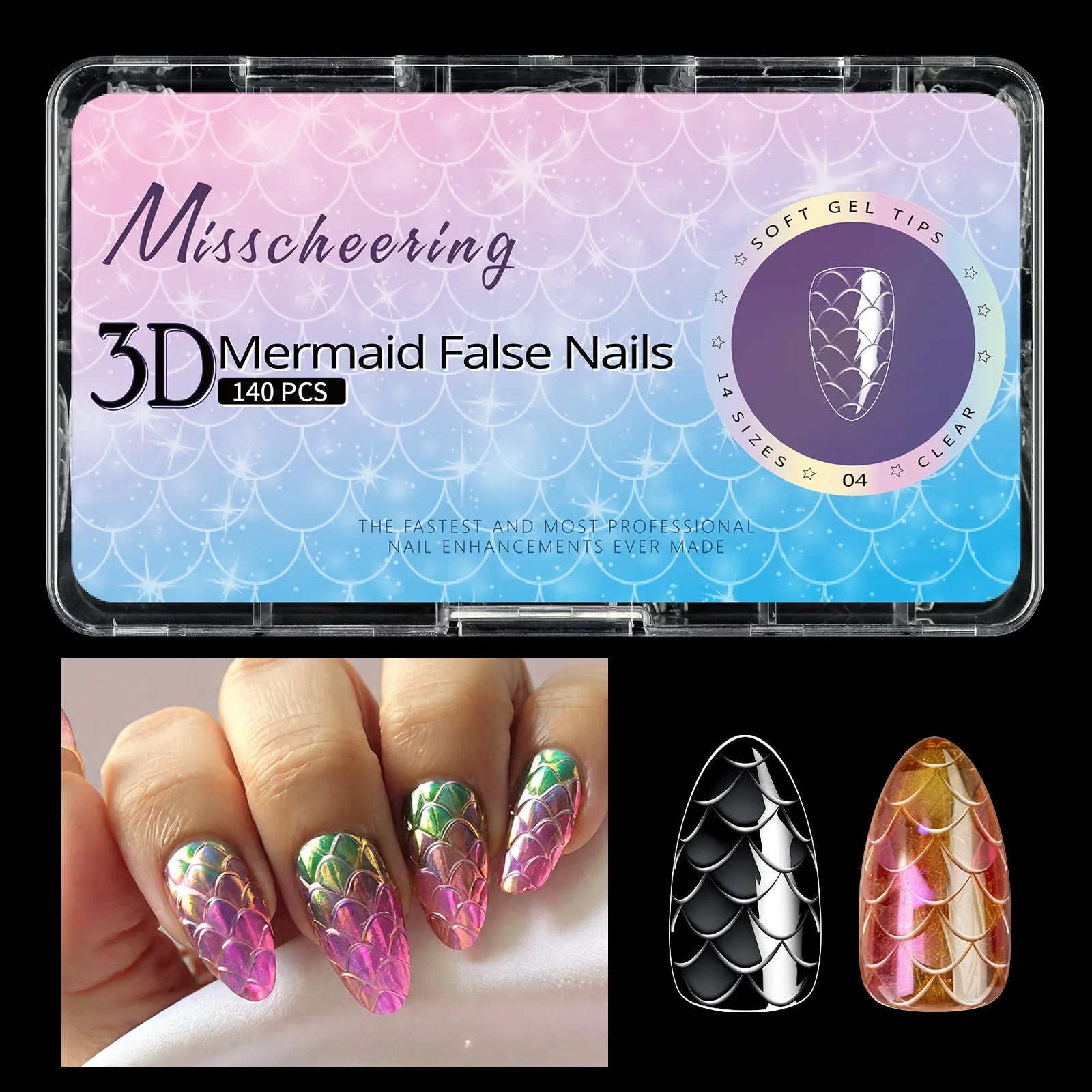 Box of 3D scale long shaping artificial nail tips for stiletto and coffin nail art designs.