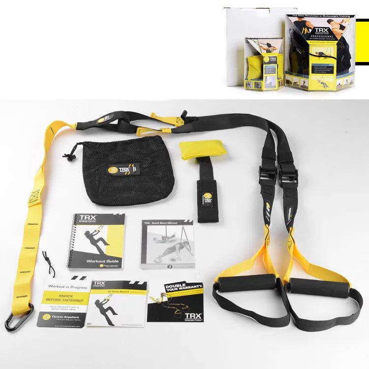 Suspension training belt set with nylon webbing and resistance band for home gym