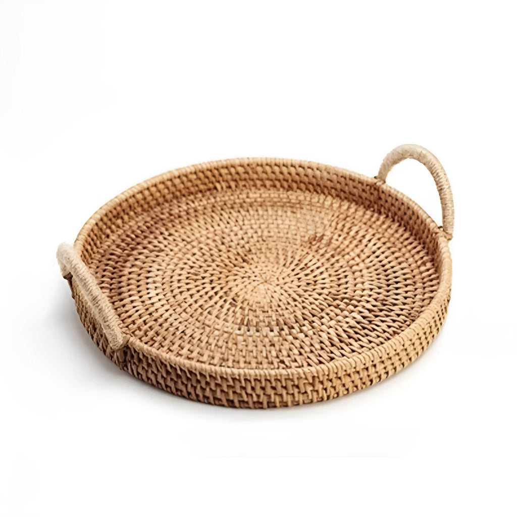 Round handwoven rattan basket with a wooden handle, shown in three size options.