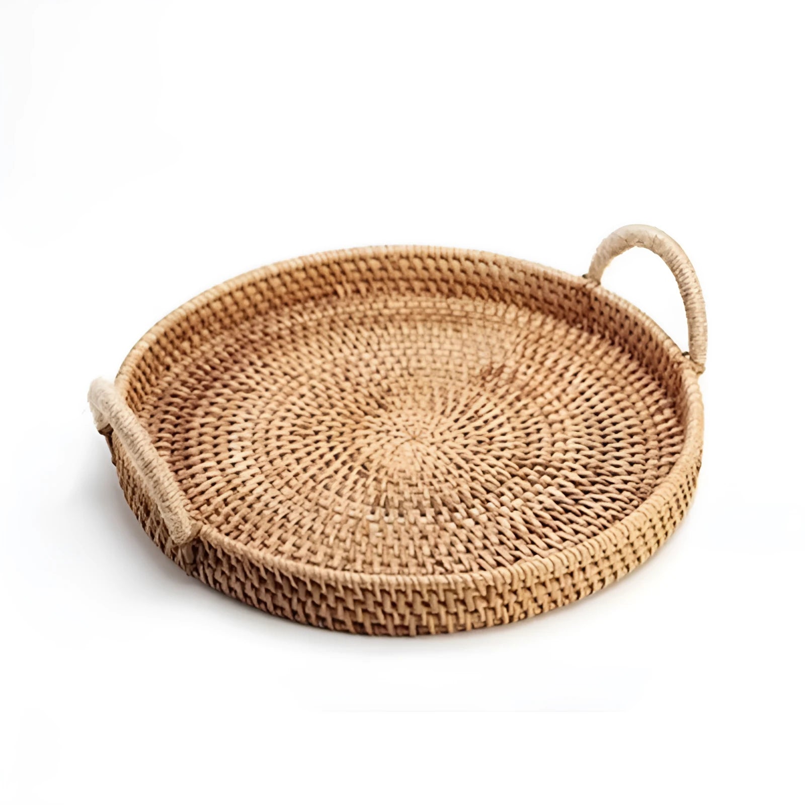 Round handwoven rattan basket with a wooden handle, shown in three size options.