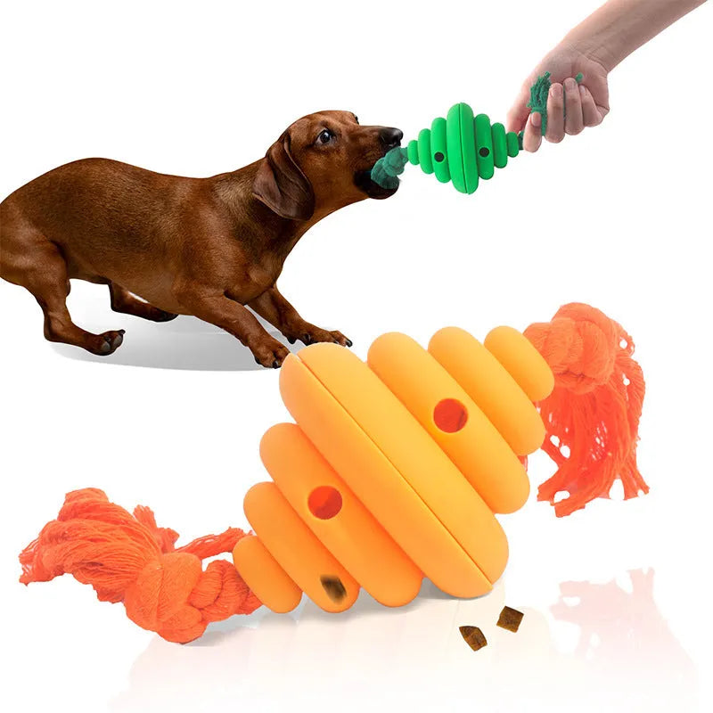Green and yellow silicone dog ball with rope attachment for food dispensing and tug-of-war games