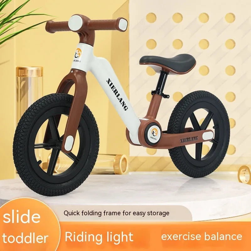 Foldable kids balance bike in grass green, light brown or pink purple, nylon glass fibre, 12 inch and 14 inch sizes