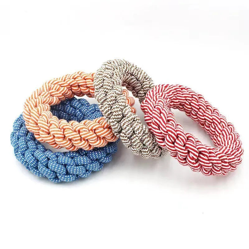 Cotton braided ring dog toy measuring approximately 18cm with knot construction
