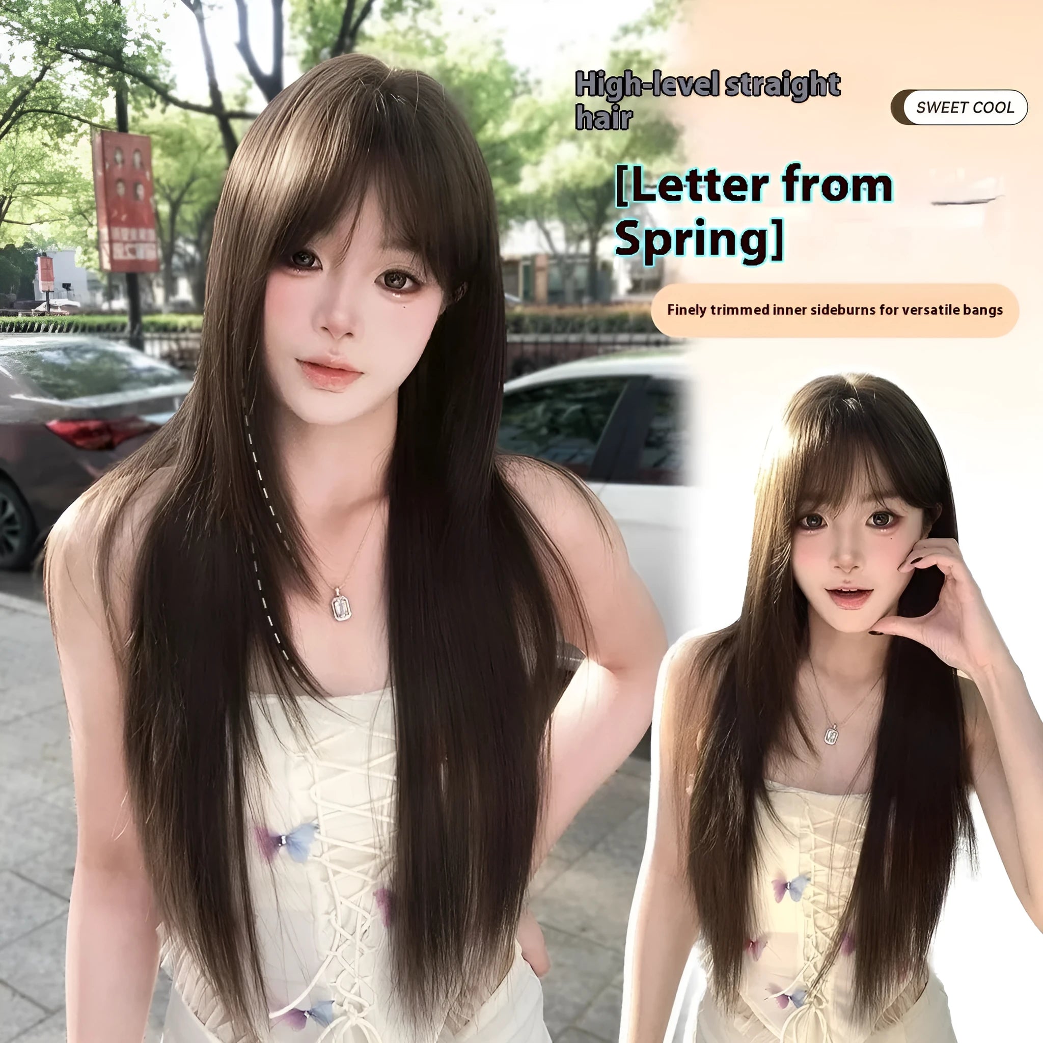 Brown black high-temperature fibre wig with seven-piece net construction for volume enhancement