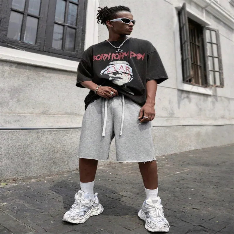 Men's straight leg hip-hop trousers in medium length, available in black, light grey, and green colours