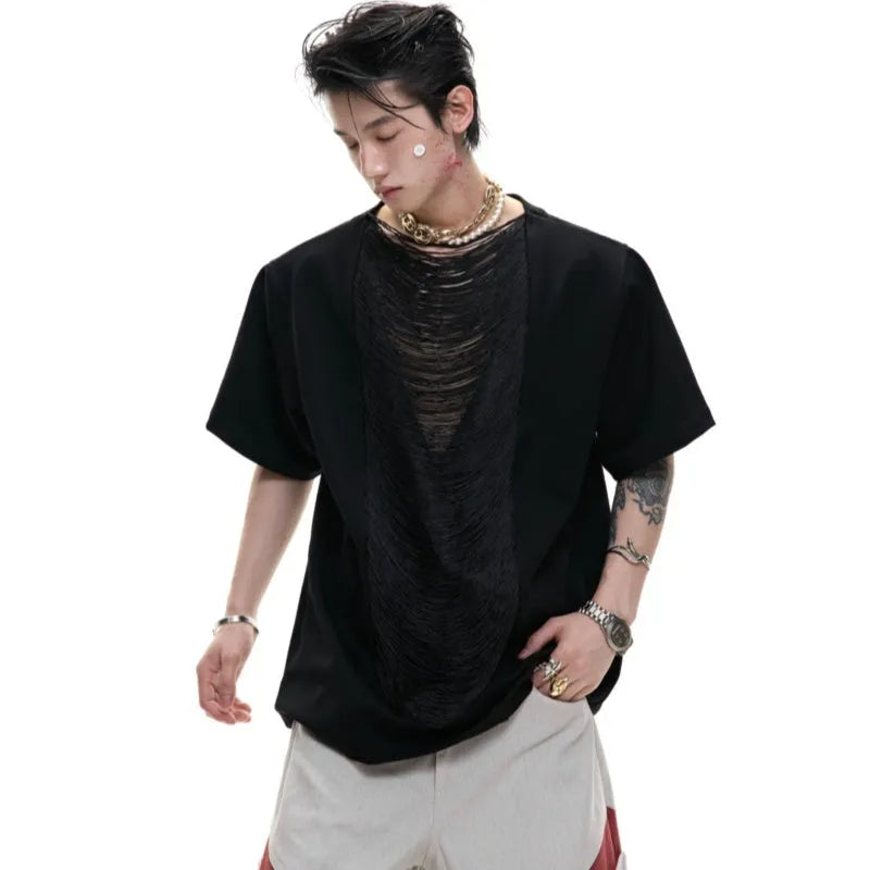 Men's drum black loose fit polyester t-shirt with three-dimensional cutting and short sleeves