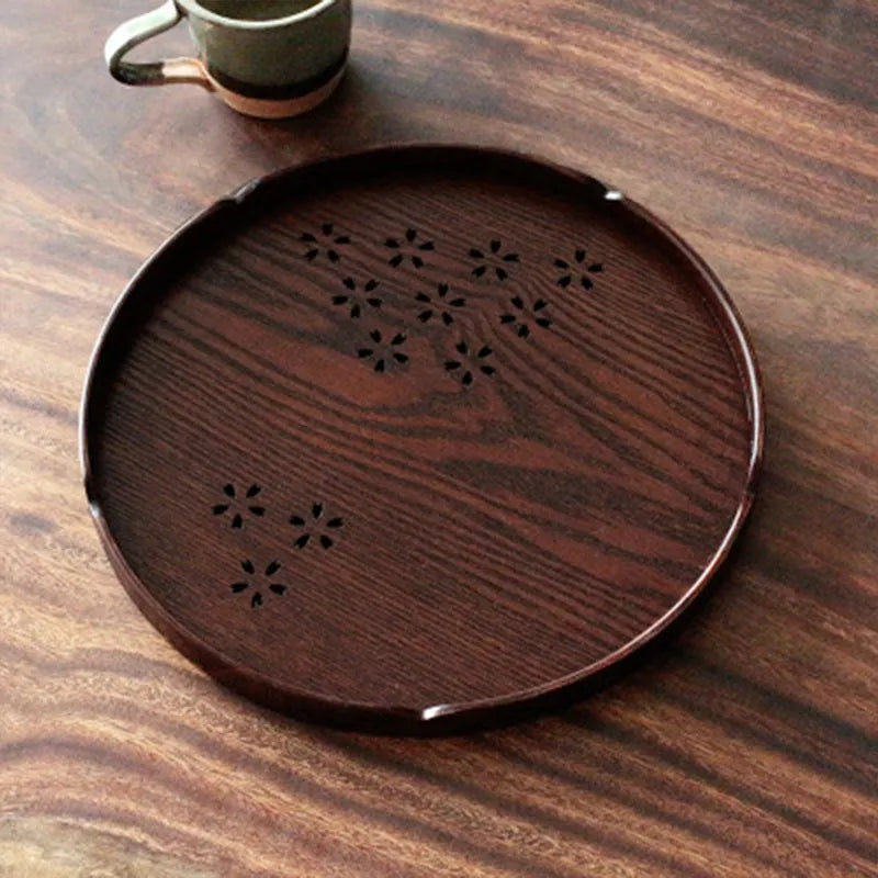 Wooden Japanese dessert plate with hollow cherry blossom design, 30cm diameter shallow fruit serving tray