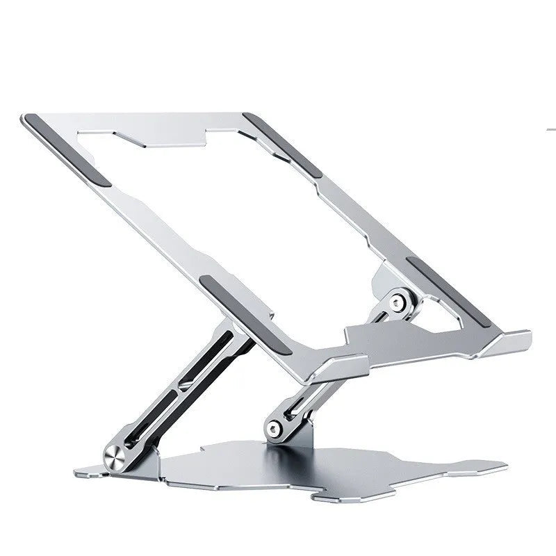 Grey adjustable aluminum laptop stand in folded and open positions on a wooden desk