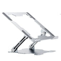 Grey adjustable aluminum laptop stand in folded and open positions on a wooden desk