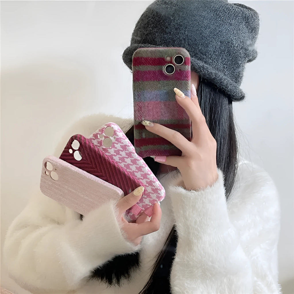Pink houndstooth TPU phone case for iPhone 14 Pro Max with drop protection