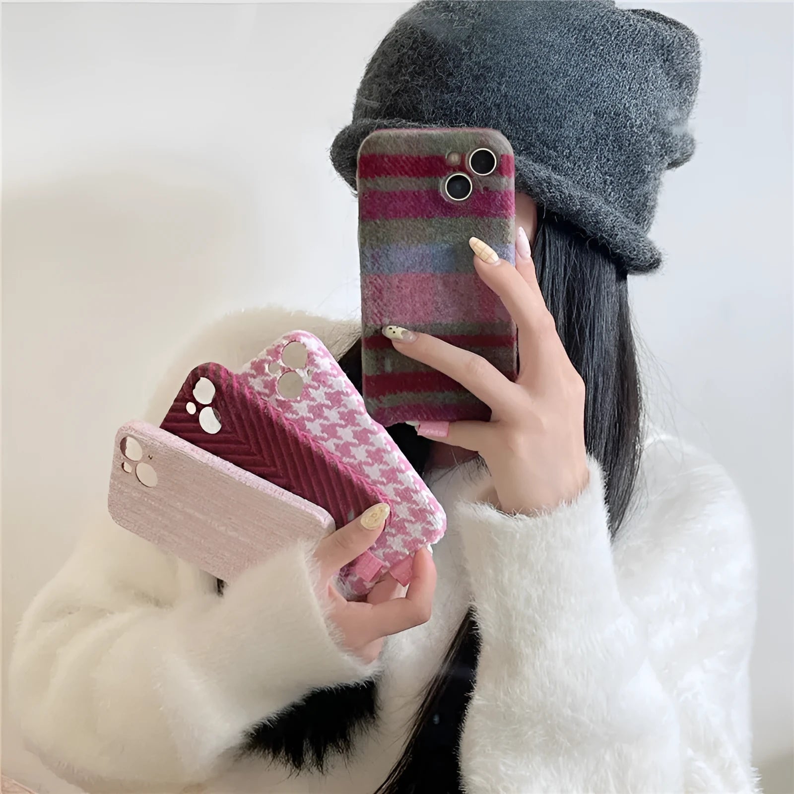 Pink houndstooth TPU phone case for iPhone 14 Pro Max with drop protection