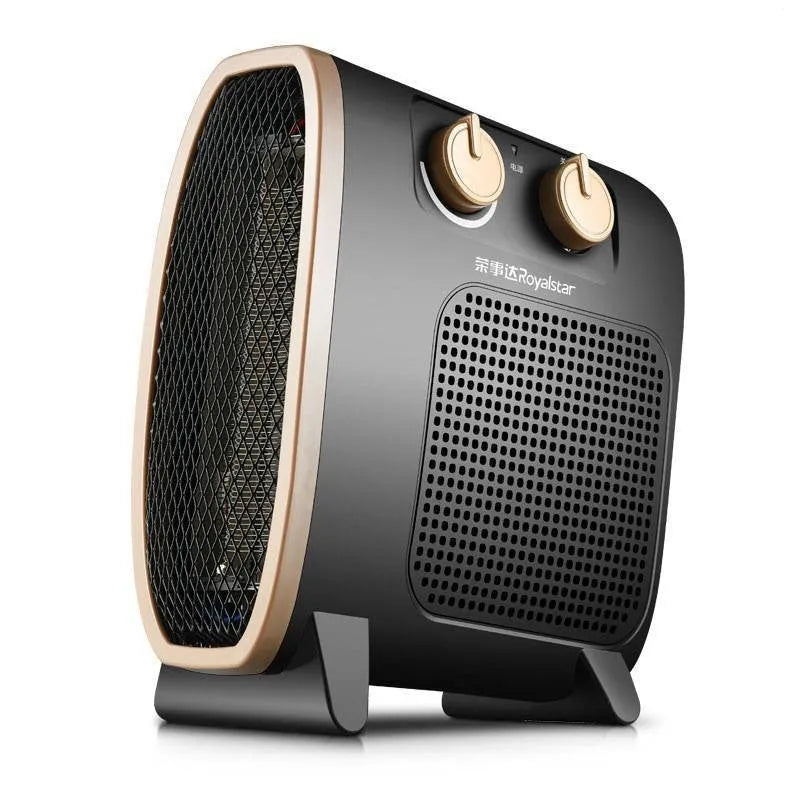 Small white and black gold electric heater fan with mechanical controls for spaces up to 20 square metres