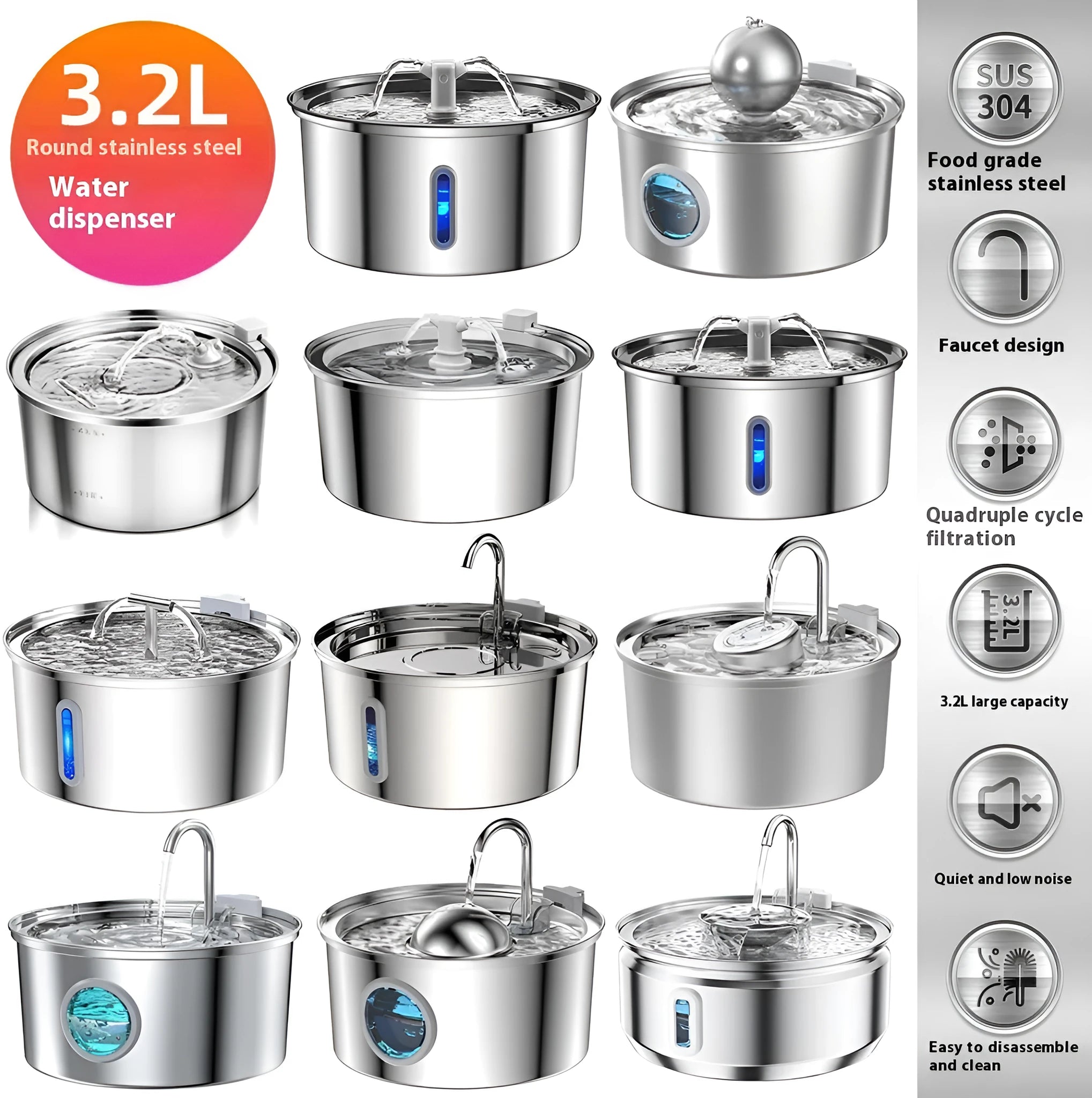 Stainless steel round pet water dispenser with large reservoir and selectable faucet attachment