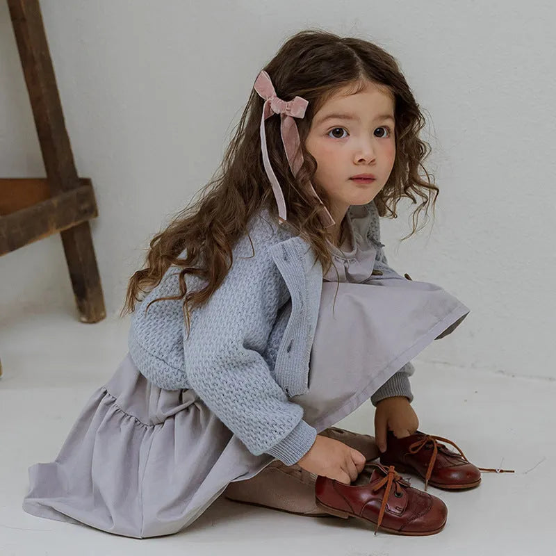 Girl's solid colour cotton lace layering stitching princess dress in lotus root starch colour with long sleeves