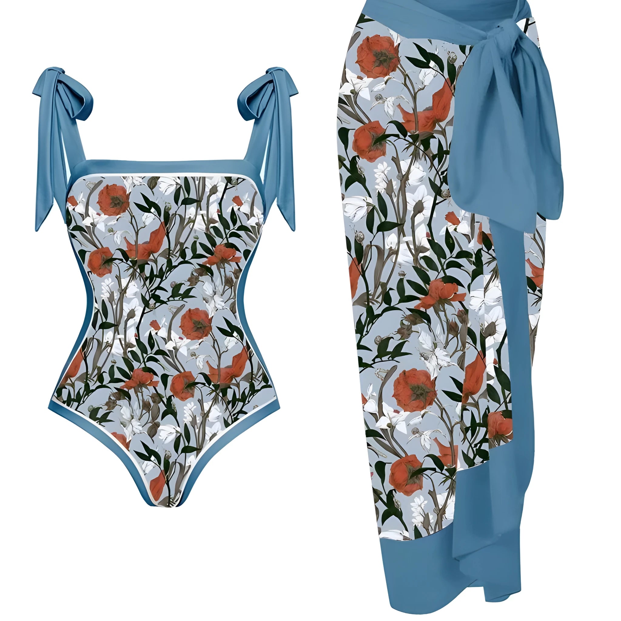 Women's floral printed chiffon two-piece swimsuit with hip skirt in polyester fabric