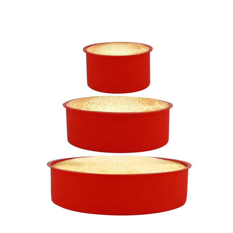 Red silicone round cake mould set showing three sizes: 8-inch, 6-inch, and 4-inch baking trays