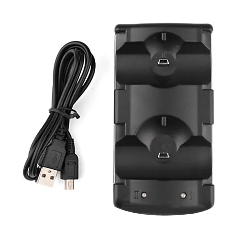 Black PS3 dual controller charging stand with wireless charging and USB interface