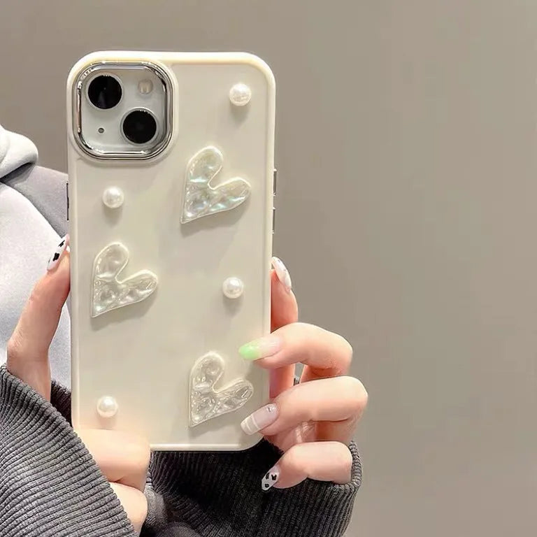 Milky white TPU phone case with pleated heart pattern and small pearl embellishments for iPhone