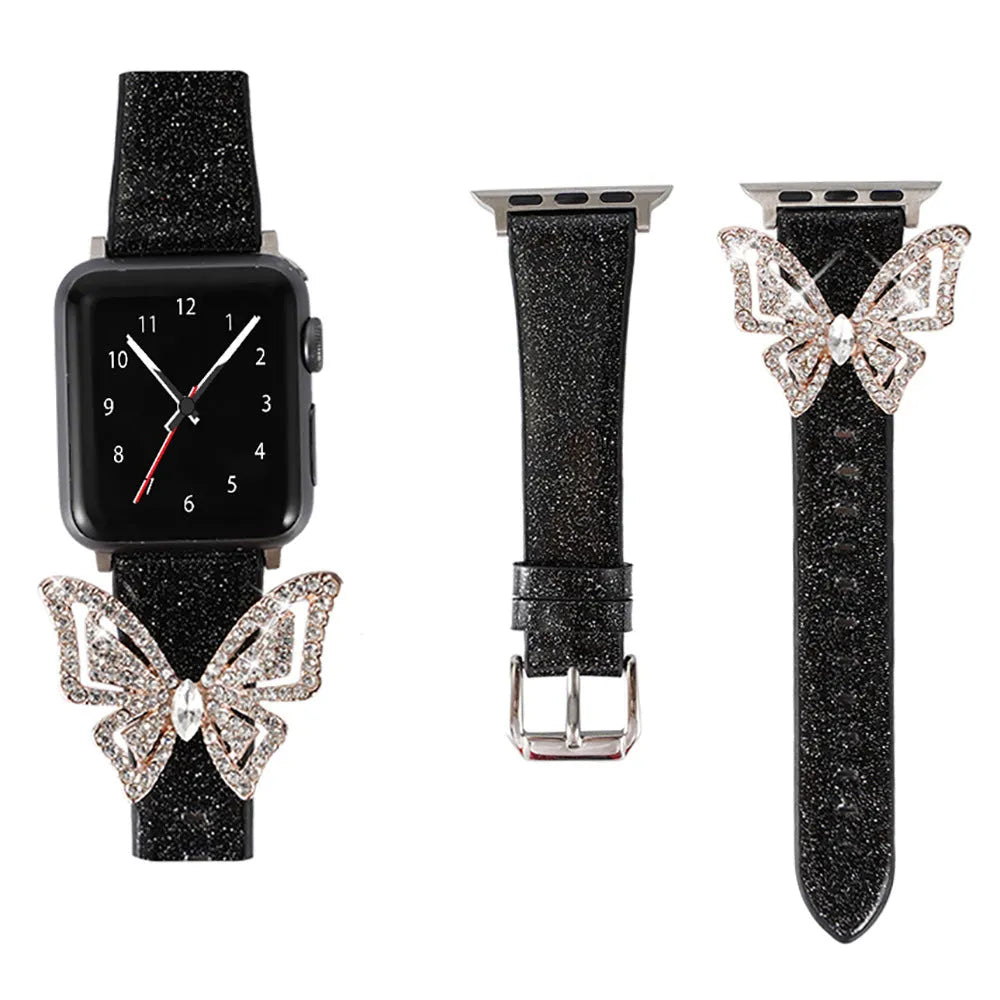 Apple Watch strap with glitter diamond butterfly design in Black, 38to40mm size