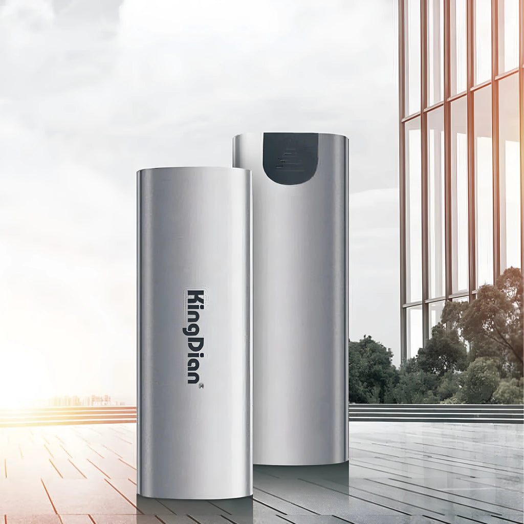 Grey mobile SSD external hard drive for phones showing USB 3.0 connector and compact design.