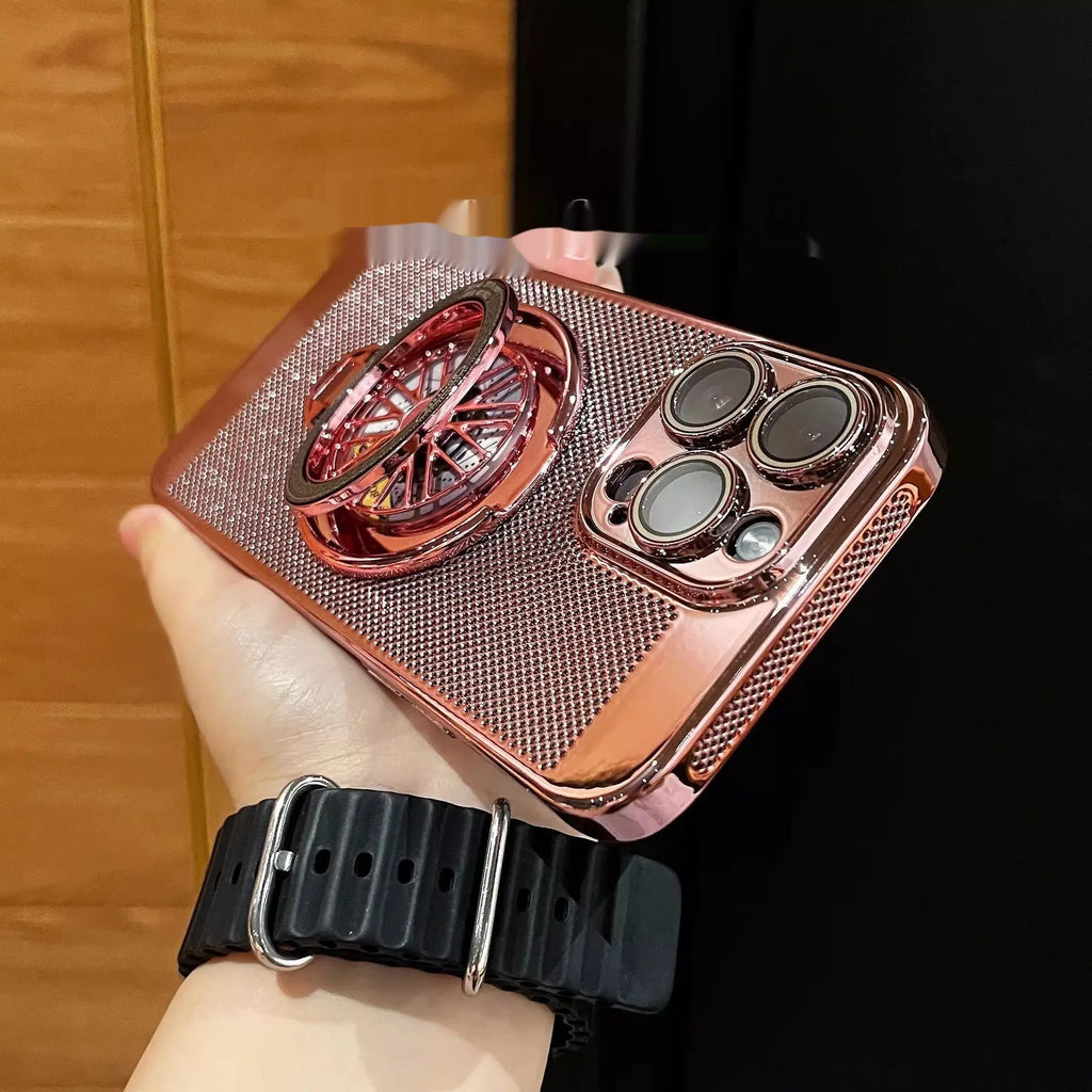 Gyro rotating bracket PC phone case for iPhone, shockproof with magnetic suction, electroplated finish