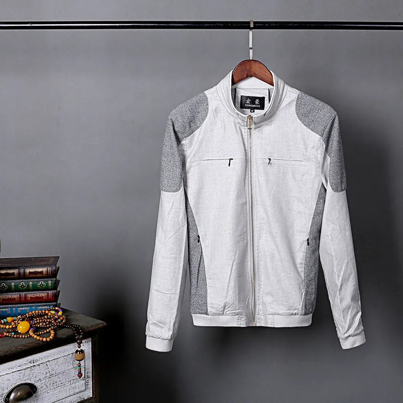 Men's thin cotton linen jacket in blue, displayed on a hanger
