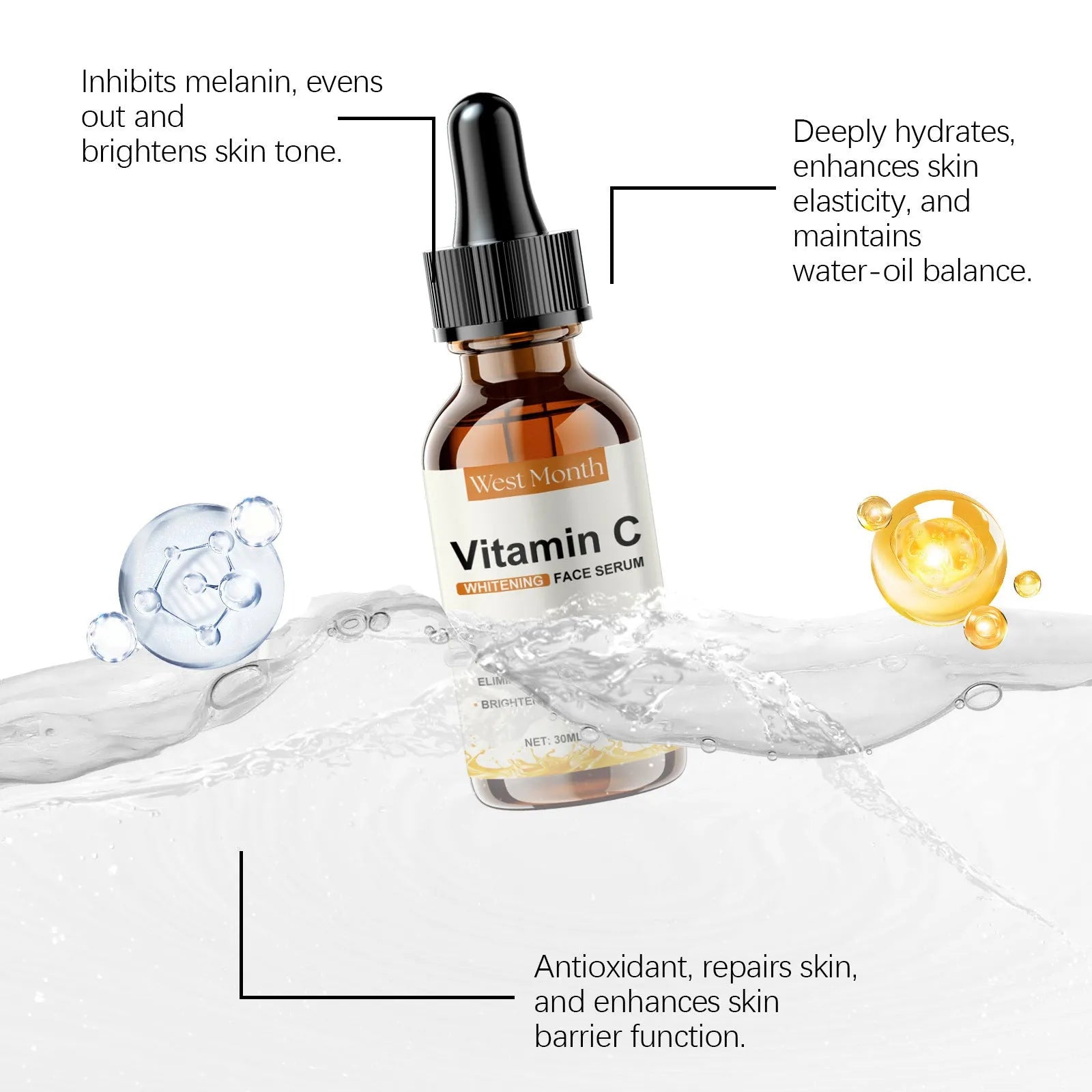 30ml moisturising skin essence with hyaluronic acid and vitamin C in a standard bottle