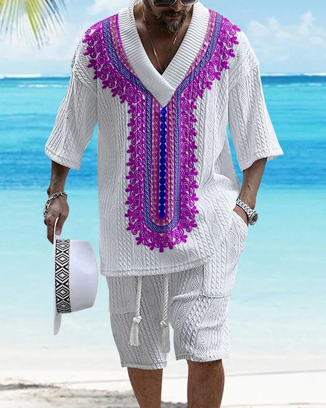 Men's grey printed drop-shoulder knitted short-sleeve top with matching shorts, a casual tracksuit set.
