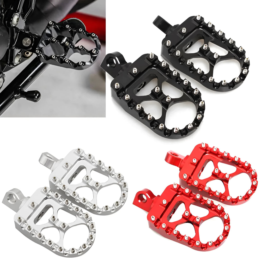 Modified screw anti-skid foot pegs anodised aluminium alloy MX style wide platform 120x57.5mm red black silver