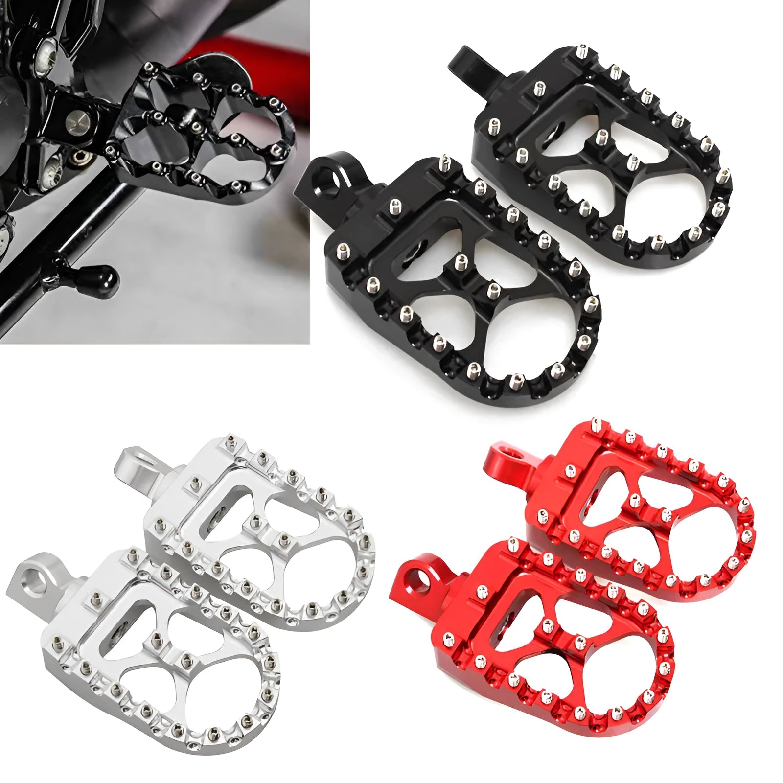 Modified screw anti-skid foot pegs anodised aluminium alloy MX style wide platform 120x57.5mm red black silver